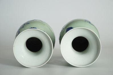 A pair of Chinese celadon-ground vases with blue and white figures, 19th C.