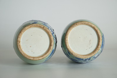 A pair of Chinese celadon-ground vases with blue and white figures, 19th C.