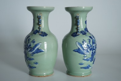 A pair of Chinese celadon-ground vases with blue and white figures, 19th C.