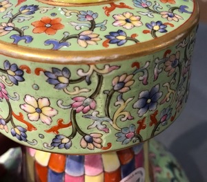 A Chinese famille rose on lime green-ground vase, Qianlong mark, 20th C.