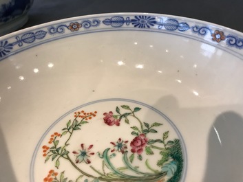 A pair of Chinese doucai bowls with floral famille rose medallions, 4-character mark, 19/20th C.