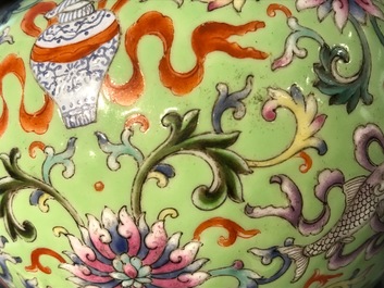 A Chinese famille rose on lime green-ground vase, Qianlong mark, 20th C.