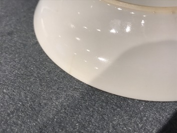 Three Chinese famille rose Wu Shuang Pu cups and saucers , 19th C.