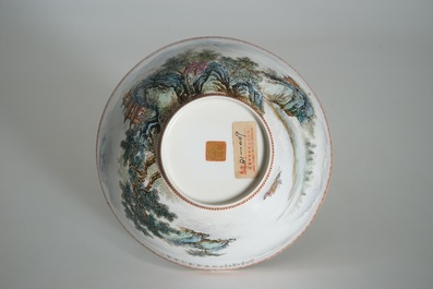 A Chinese eggshell bowl with landscape design, Zuo Guojun, dated 1961
