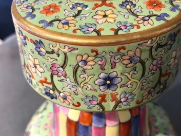A Chinese famille rose on lime green-ground vase, Qianlong mark, 20th C.