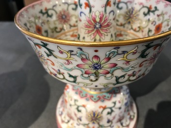 A pair of Chinese famille rose candlesticks, Jaiqing mark, 19/20th C.