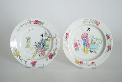 Two Chinese famille rose plates with a lady with child, Yongzheng