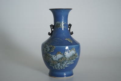 A Chinese blue ground-vase with rabbits and butterflies, 19th C.