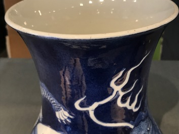 A Chinese blue and white relief-decorated hu vase with mythical beasts, Chenghua mark, 19/20th C.