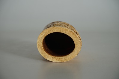 A Chinese ivory brushpot with figural design, 19th C.