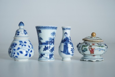 Four Chinese blue and white and famille verte miniature vases, Kangxi and later