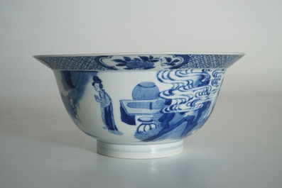 A Chinese blue and white klapmuts bowl with figural design, Xuande mark, Kangxi