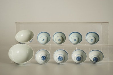 Eight Chinese blue and white cups and saucers and two bowls, Kangxi and later
