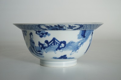 A Chinese blue and white klapmuts bowl with figural design, Xuande mark, Kangxi