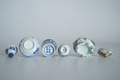 Four Chinese blue and white and famille verte miniature vases, Kangxi and later