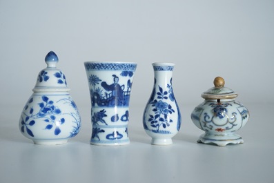 Four Chinese blue and white and famille verte miniature vases, Kangxi and later