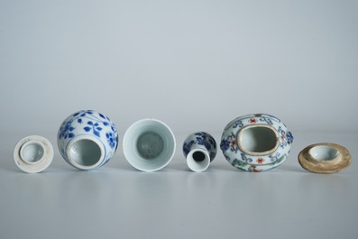 Four Chinese blue and white and famille verte miniature vases, Kangxi and later