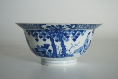 A Chinese blue and white klapmuts bowl with figural design, Xuande mark, Kangxi