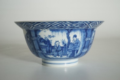 Een Chinese blauwwitte klapmutskom, Kangxi merk en periode