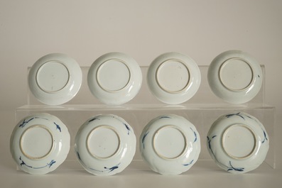Eight Chinese blue and white cups and saucers and two bowls, Kangxi and later