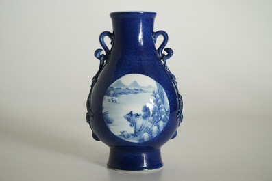A Chinese blue and white hu powder blue-ground vase with landscape medallions, Qianlong mark, 19/20th C.