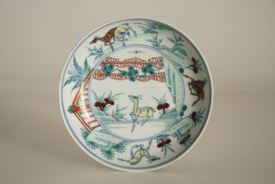 A Chinese doucai "Deer" dish, Chenghua mark, Yongzheng