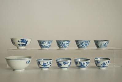 Eight Chinese blue and white cups and saucers and two bowls, Kangxi and later