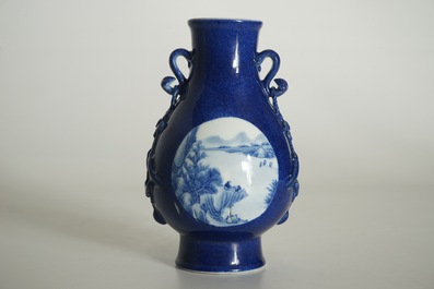 A Chinese blue and white hu powder blue-ground vase with landscape medallions, Qianlong mark, 19/20th C.