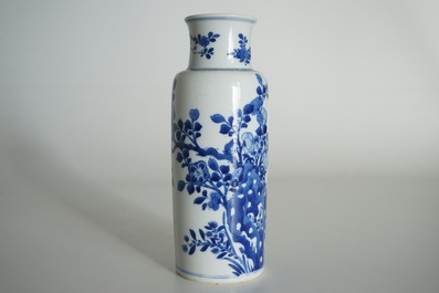 A Chinese blue and white rouleau vase with floral design, Kangxi