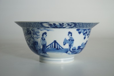 A Chinese blue and white klapmuts bowl with figural design, Xuande mark, Kangxi