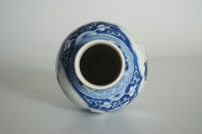 A Chinese blue and white baluster vase with landscape panels, Kangxi