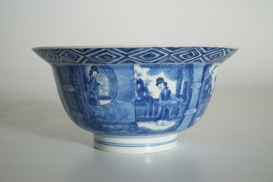 Een Chinese blauwwitte klapmutskom, Kangxi merk en periode