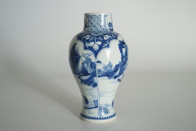 A Chinese blue and white baluster vase with landscape panels, Kangxi
