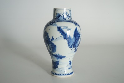 A Chinese blue and white baluster vase with landscape panels, Kangxi