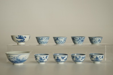 Eight Chinese blue and white cups and saucers and two bowls, Kangxi and later