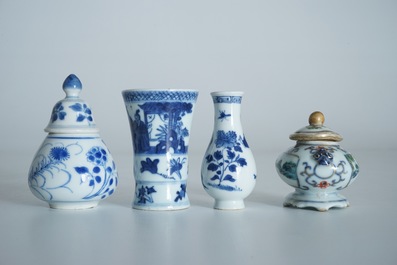 Four Chinese blue and white and famille verte miniature vases, Kangxi and later