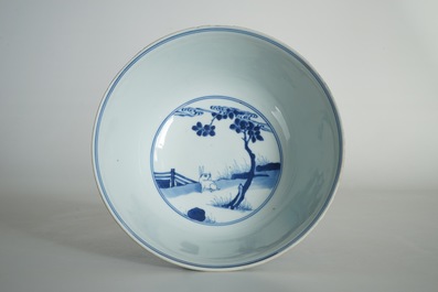 A Chinese blue and white rabbit bowl, Chenghua mark, Kangxi/Yongzheng