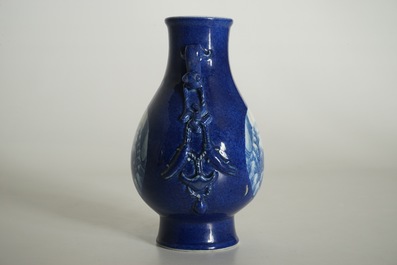 A Chinese blue and white hu powder blue-ground vase with landscape medallions, Qianlong mark, 19/20th C.