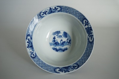 A Chinese blue and white klapmuts bowl with figural design, Xuande mark, Kangxi