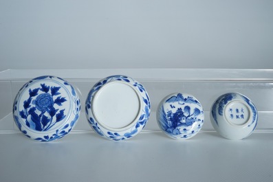 Two Chinese blue and white cylindrical seal paste boxes, Kangxi