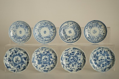 Eight Chinese blue and white cups and saucers and two bowls, Kangxi and later