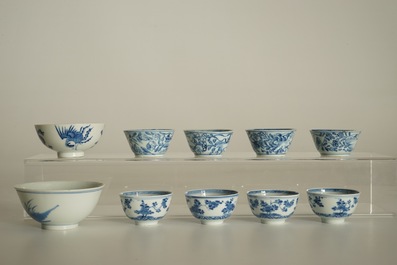 Eight Chinese blue and white cups and saucers and two bowls, Kangxi and later