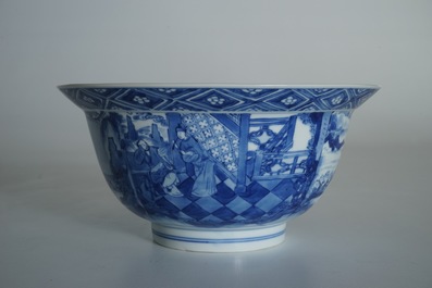 Een Chinese blauwwitte klapmutskom, Kangxi merk en periode