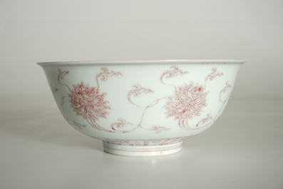 A Chinese underglaze red lotus scroll bowl, Kangxi mark, 20th C.