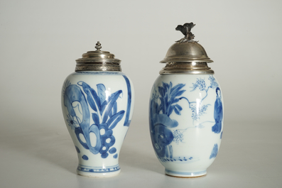 Two Chinese blue and white silver-mounted tea caddies, Kangxi