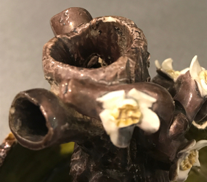 A Chinese verte biscuit brushwasher modelled as a treetrunk, Kangxi