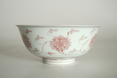 A Chinese underglaze red lotus scroll bowl, Kangxi mark, 20th C.