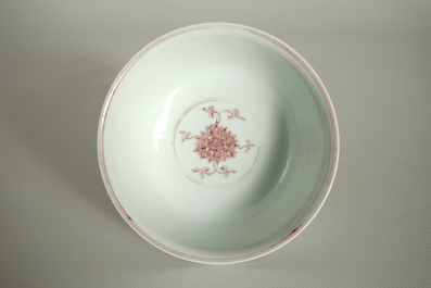 A Chinese underglaze red lotus scroll bowl, Kangxi mark, 20th C.
