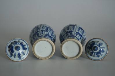 A pair of Chinese blue and white vases and covers with grapes, Kangxi