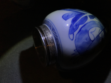 Two Chinese blue and white silver-mounted tea caddies, Kangxi